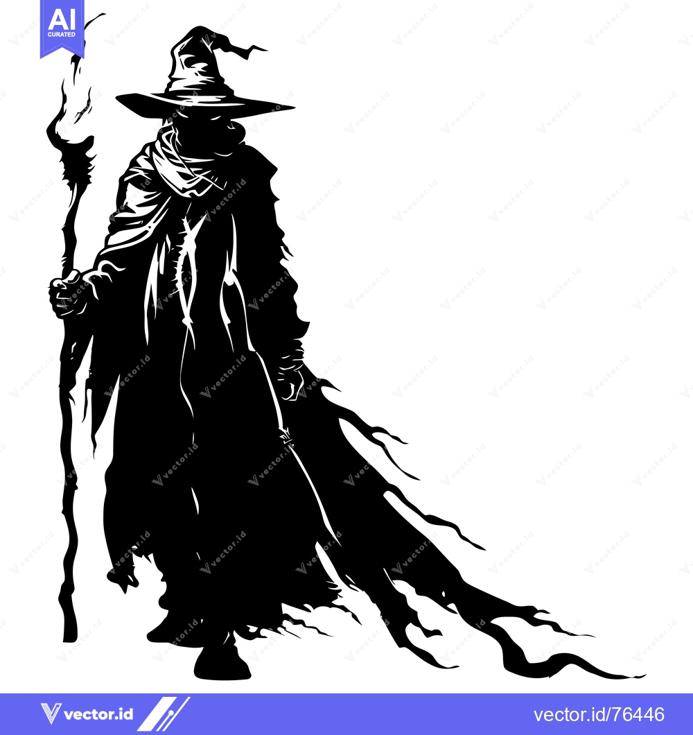 Premium Vector of Silhouette of a Wizard Holding a Staff with a Flowing Robe and Hat