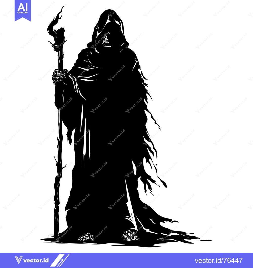Premium Vector of Silhouette of a hooded figure holding a staff