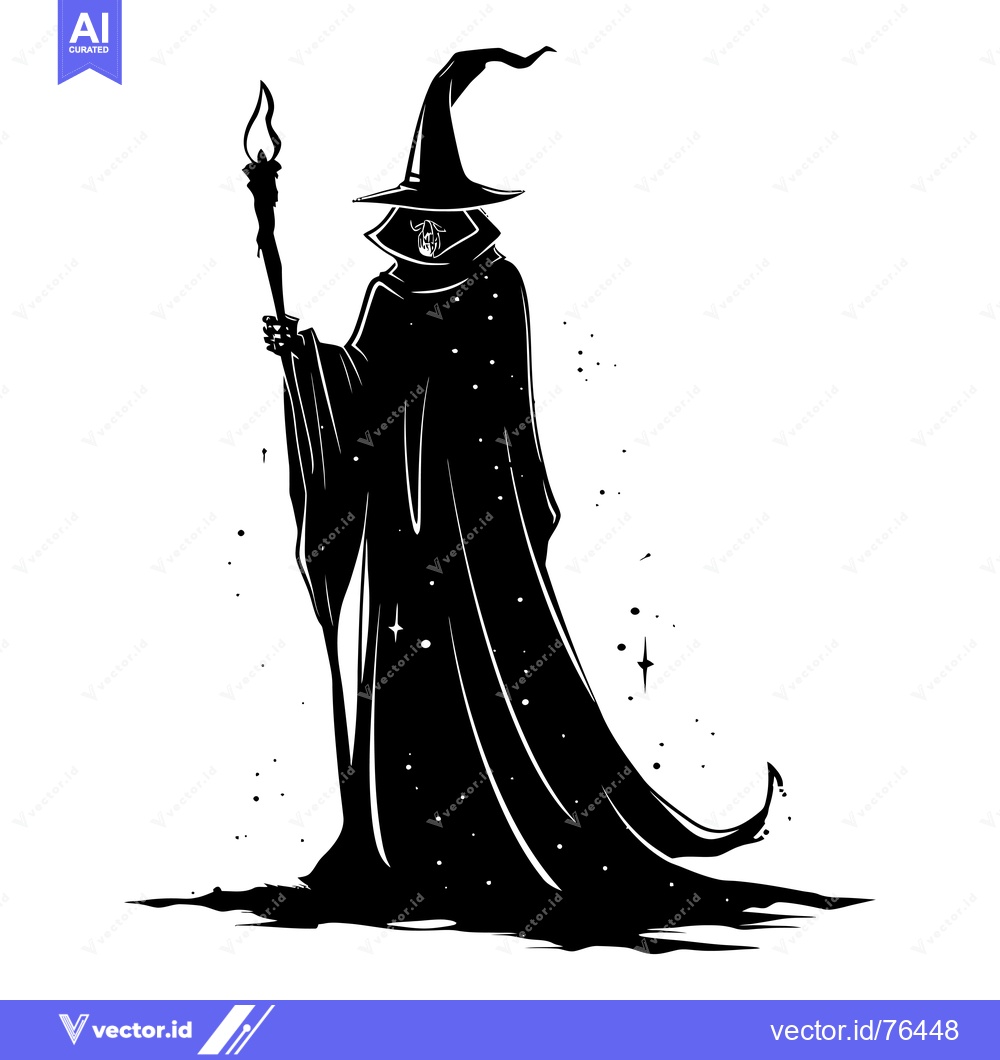 Premium Vector dari Silhouette of a Wizard Holding a Staff with a Flaming Tip