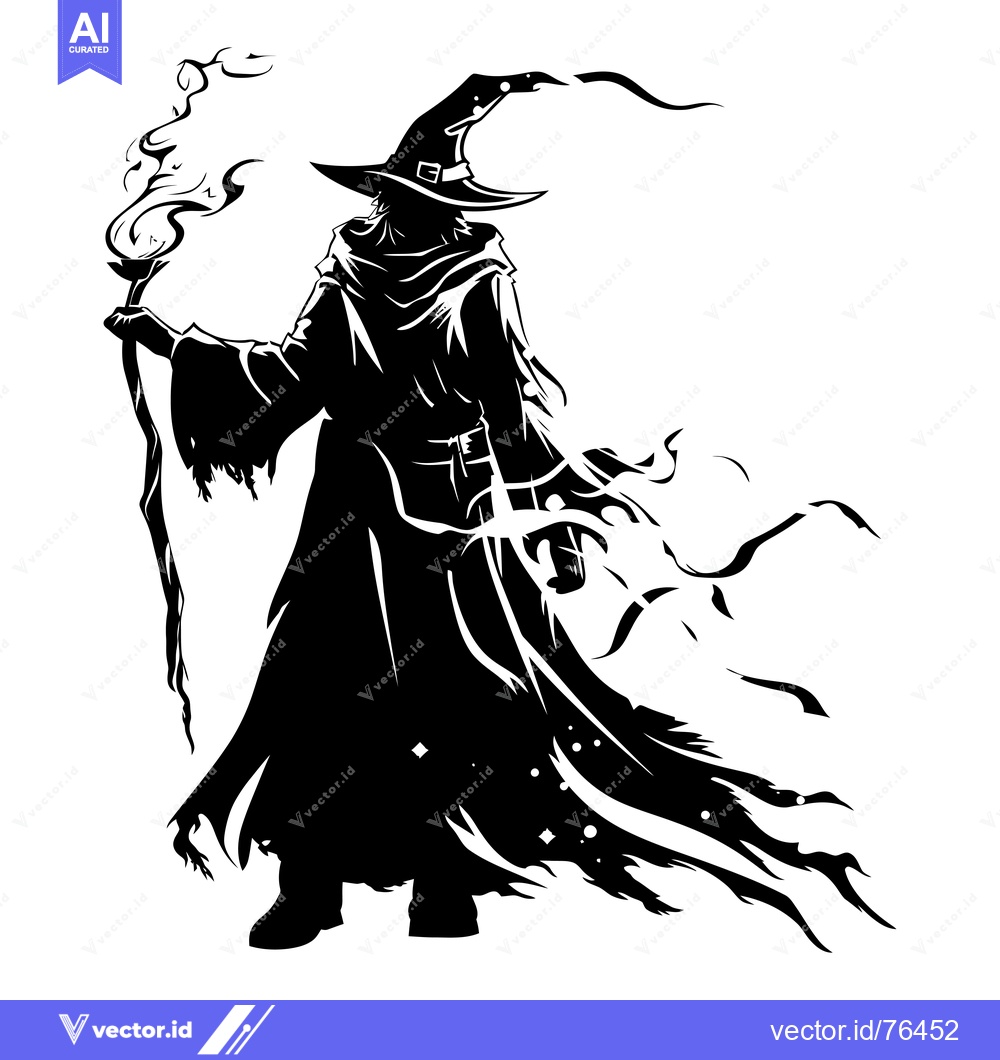 Premium Vector dari Silhouette of a Witch with a Staff and a Spell Casting