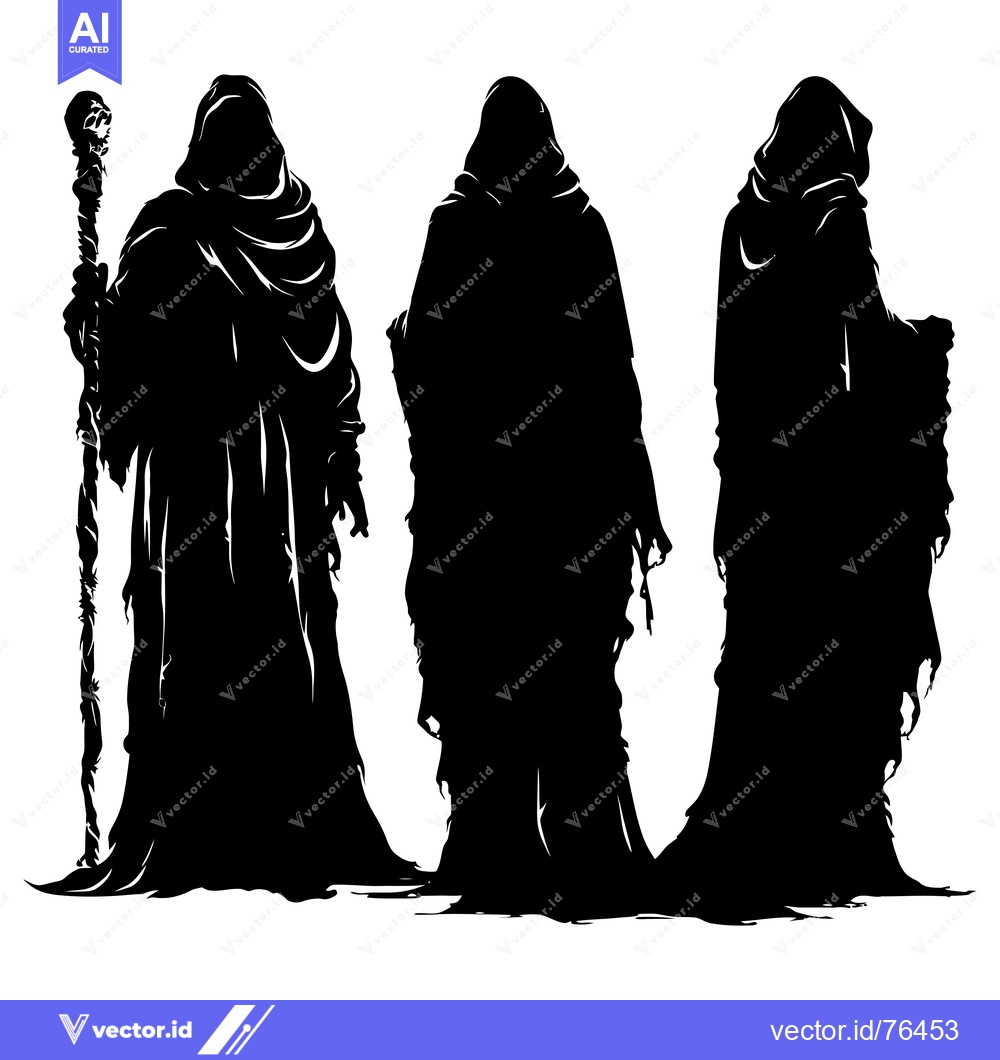 Premium Vector dari Three Hooded Figures, One Holding a Staff, in Silhouette