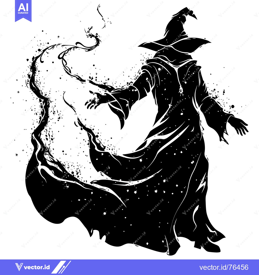 Premium Vector dari A Silhouette of a Magician Casting a Spell with a Swirling Robe and a