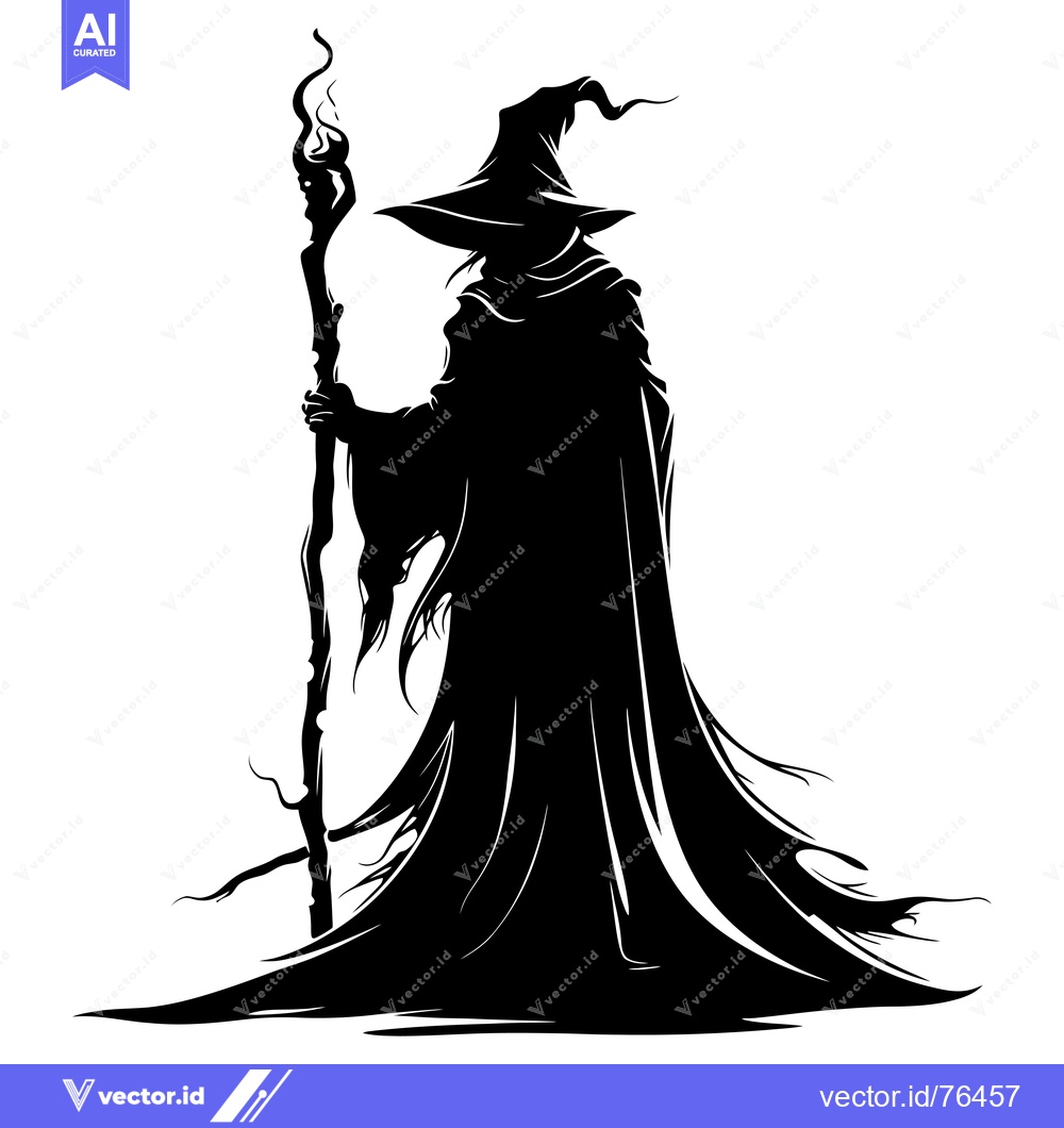 Premium Vector dari Silhouette of a Wizard Holding a Staff with a Burning Tip