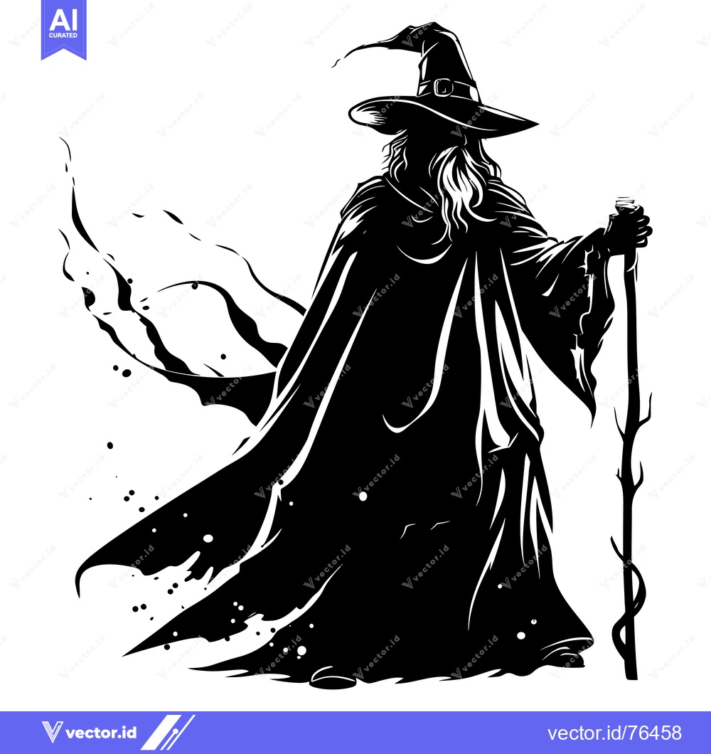 Premium Vector dari A Silhouetted Wizard Holding a Staff with a Twisted Branch