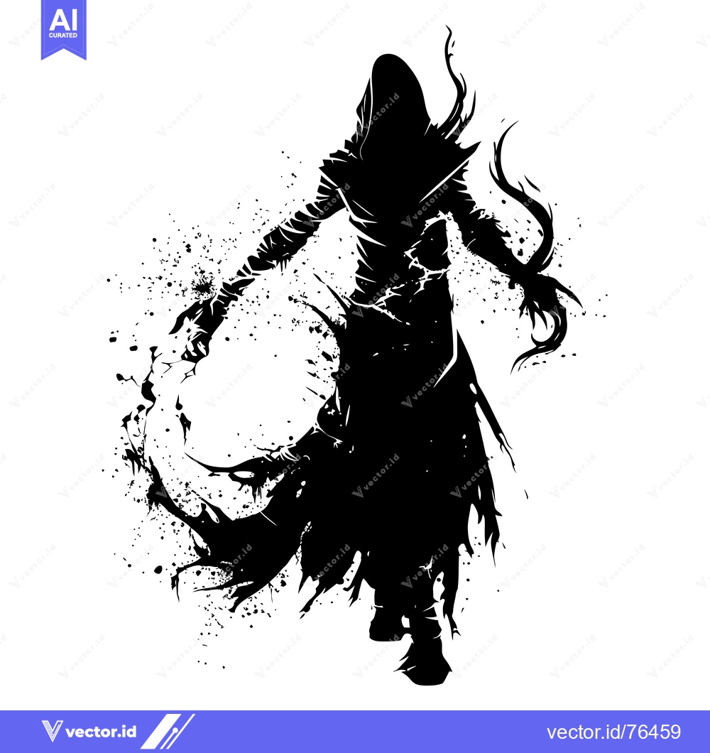 Premium Vector dari Silhouette of a hooded figure with a swirling cloak and splattered ink
