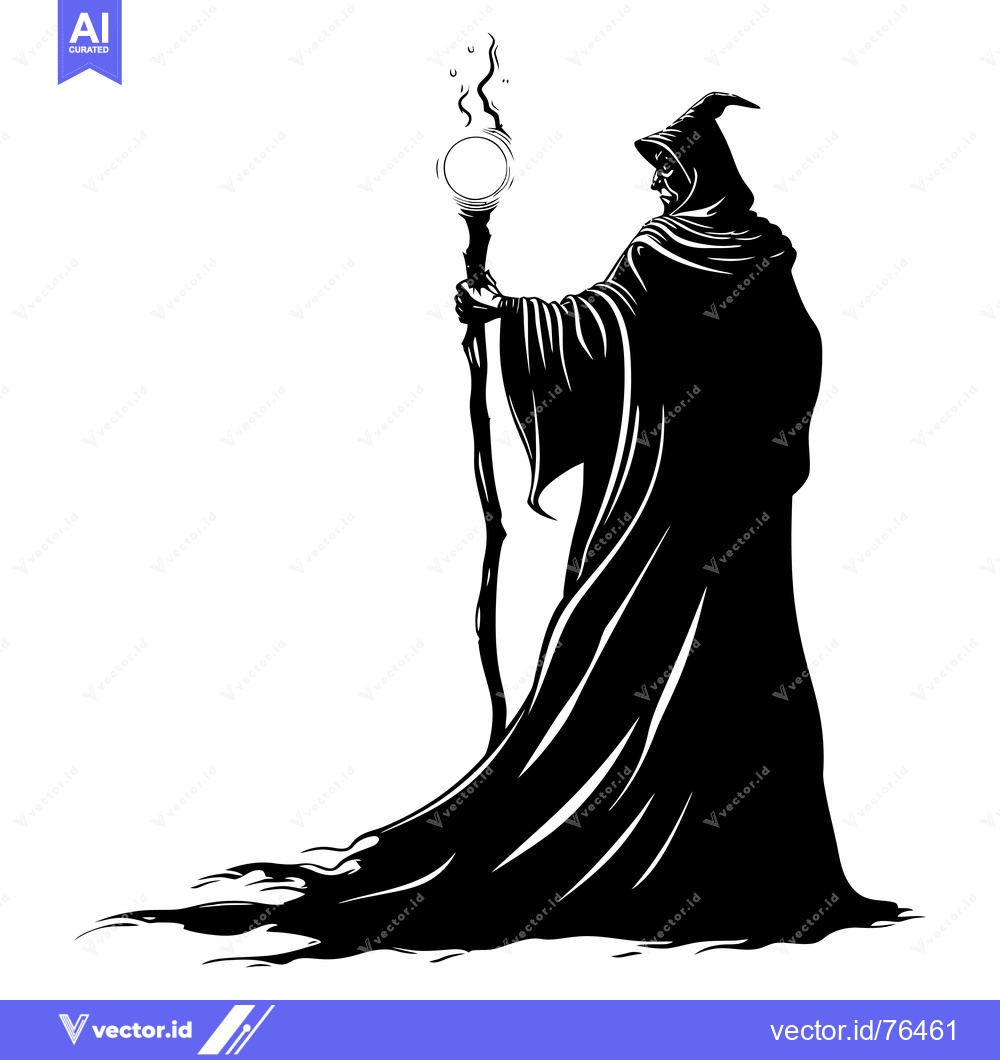 Premium Vector of A Silhouetted Wizard Holding a Staff with a Glowing Orb
