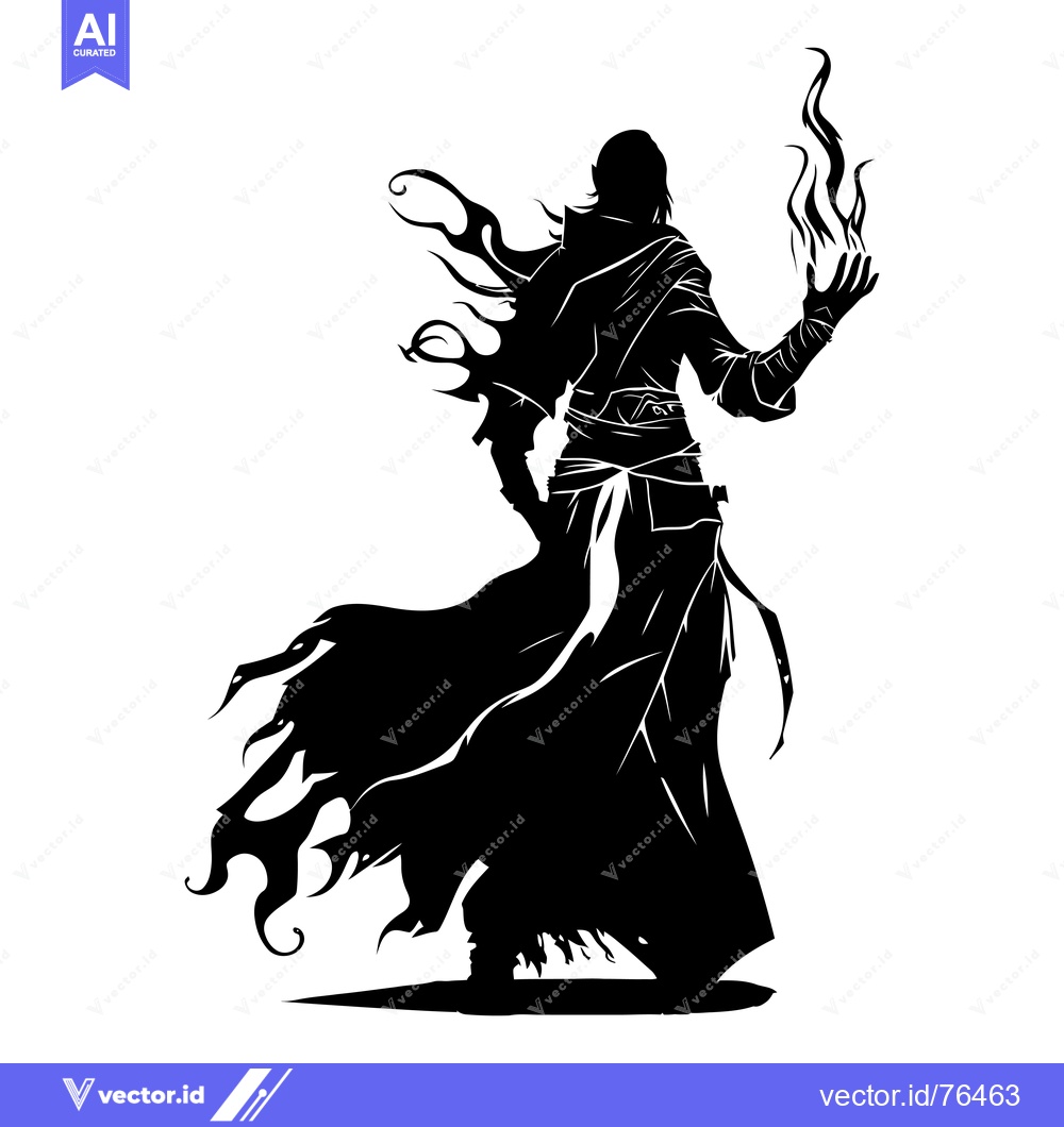 Premium Vector dari Silhouette of a Dark Wizard Casting a Spell with Flames