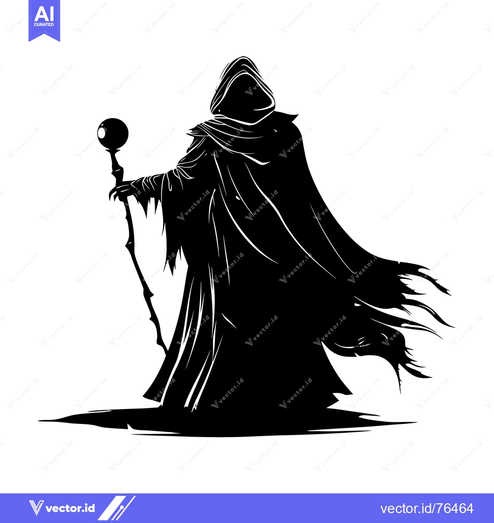 Premium Vector dari Silhouette of a hooded figure holding a staff with a sphere on top