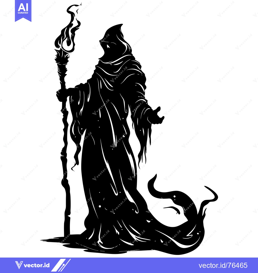 Premium Vector of Silhouette of a Hooded Figure Holding a Flaming Staff