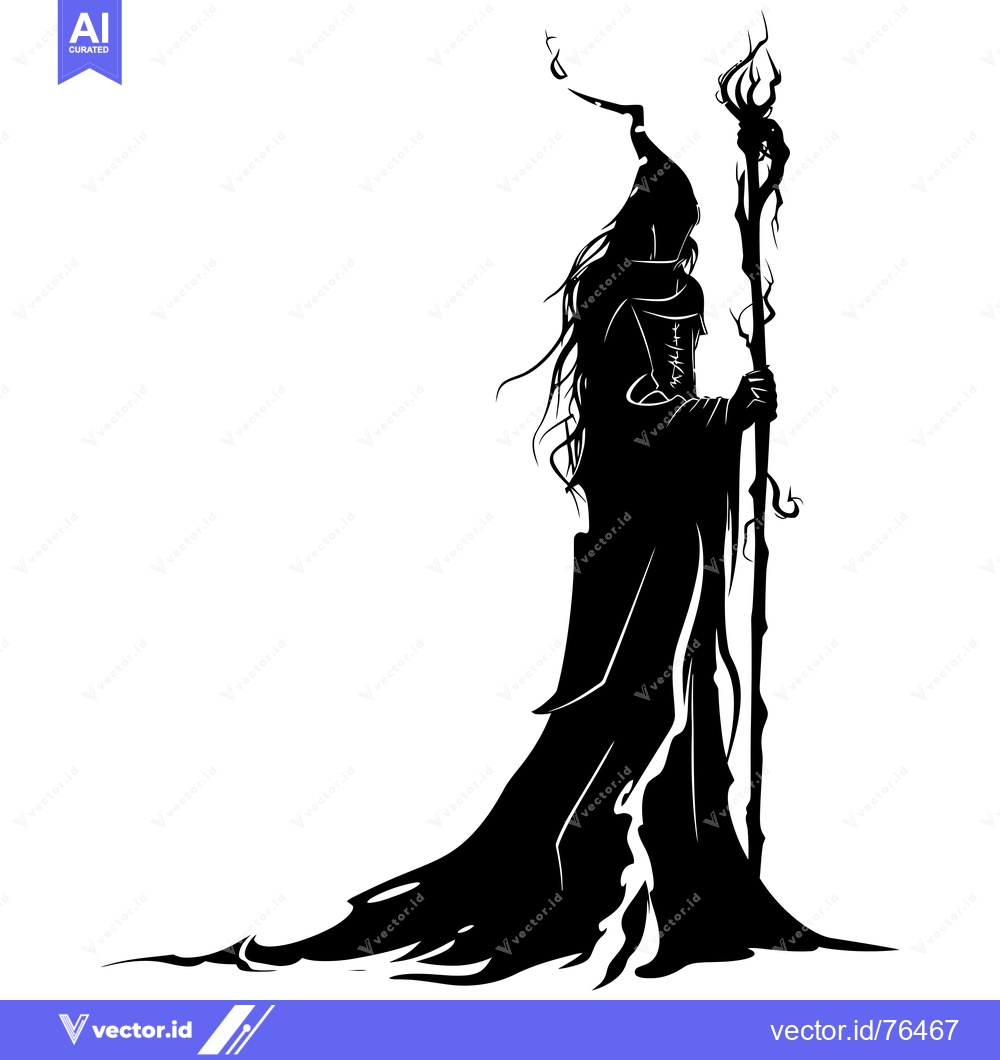Premium Vector dari Silhouetted Figure of a Wizard Holding a Staff