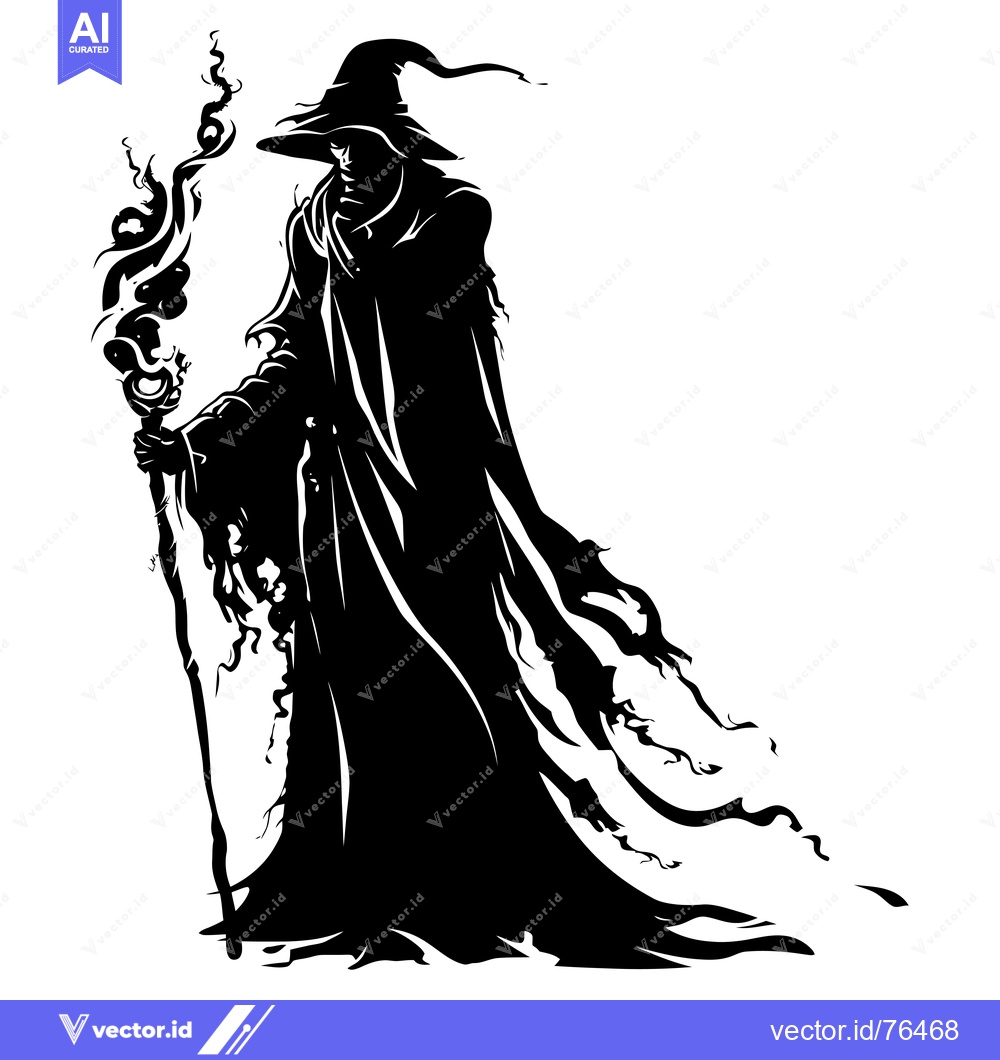 Premium Vector dari Silhouette of a Wizard Holding a Staff with Magical Energy