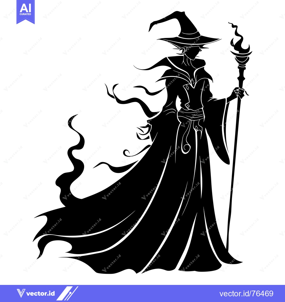 Premium Vector dari Silhouette of a Witch Holding a Flaming Staff