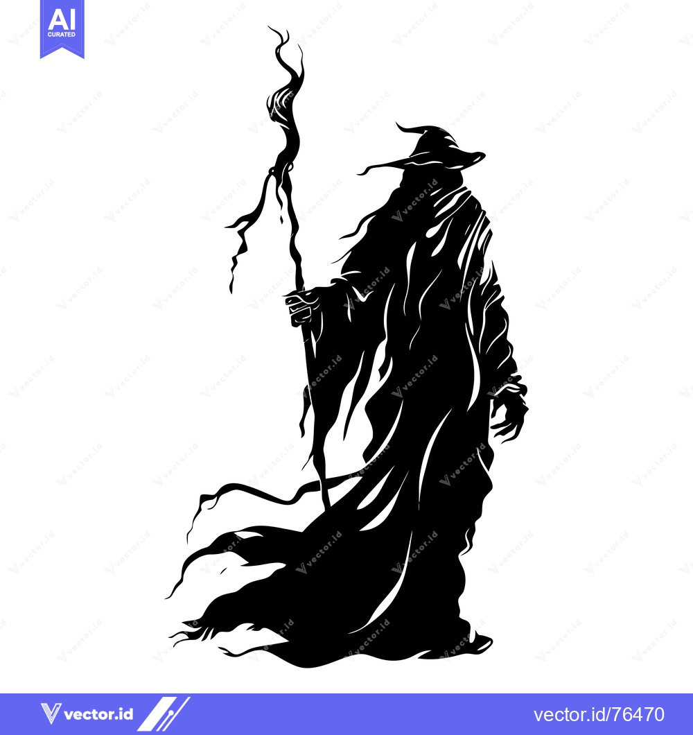 Premium Vector dari Silhouette of a cloaked figure holding a staff