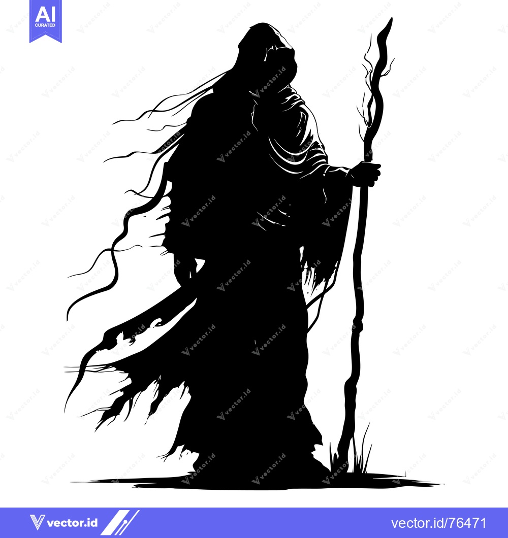 Premium Vector of Silhouette of a hooded figure holding a staff