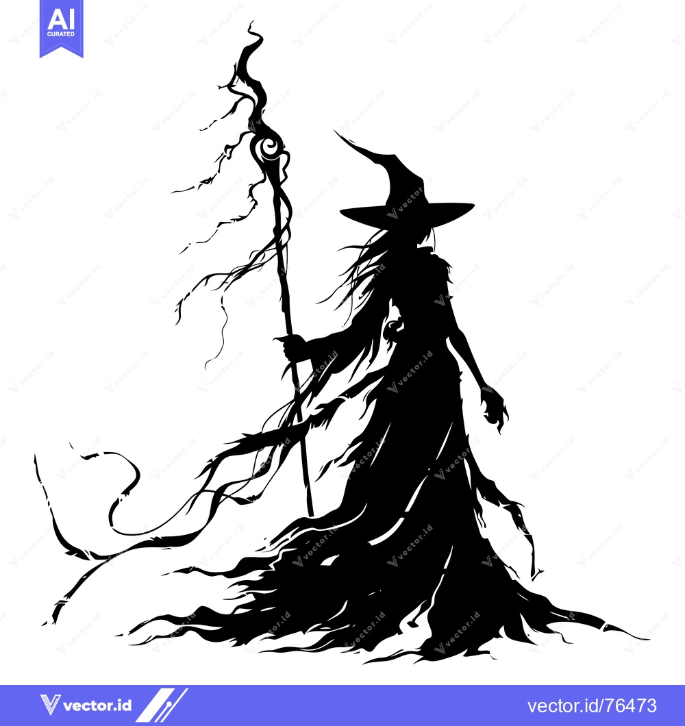 Premium Vector dari Silhouette of a Witch Holding a Twisted Staff