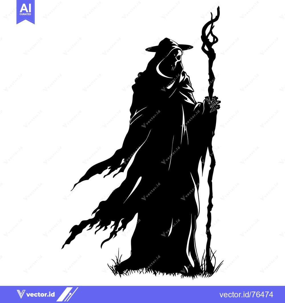 Premium Vector dari Silhouette of a hooded figure holding a staff