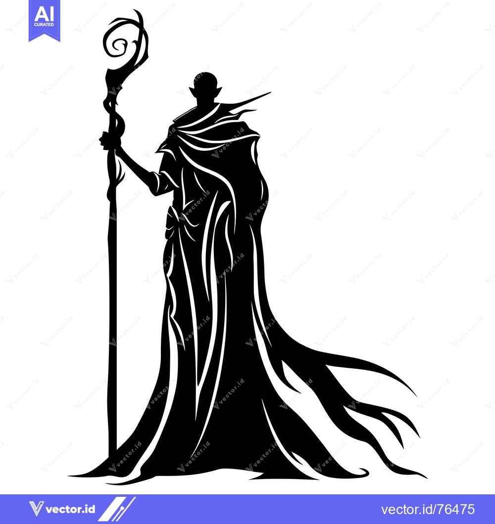 Premium Vector of Silhouette of a cloaked figure holding a staff with a spiraled top