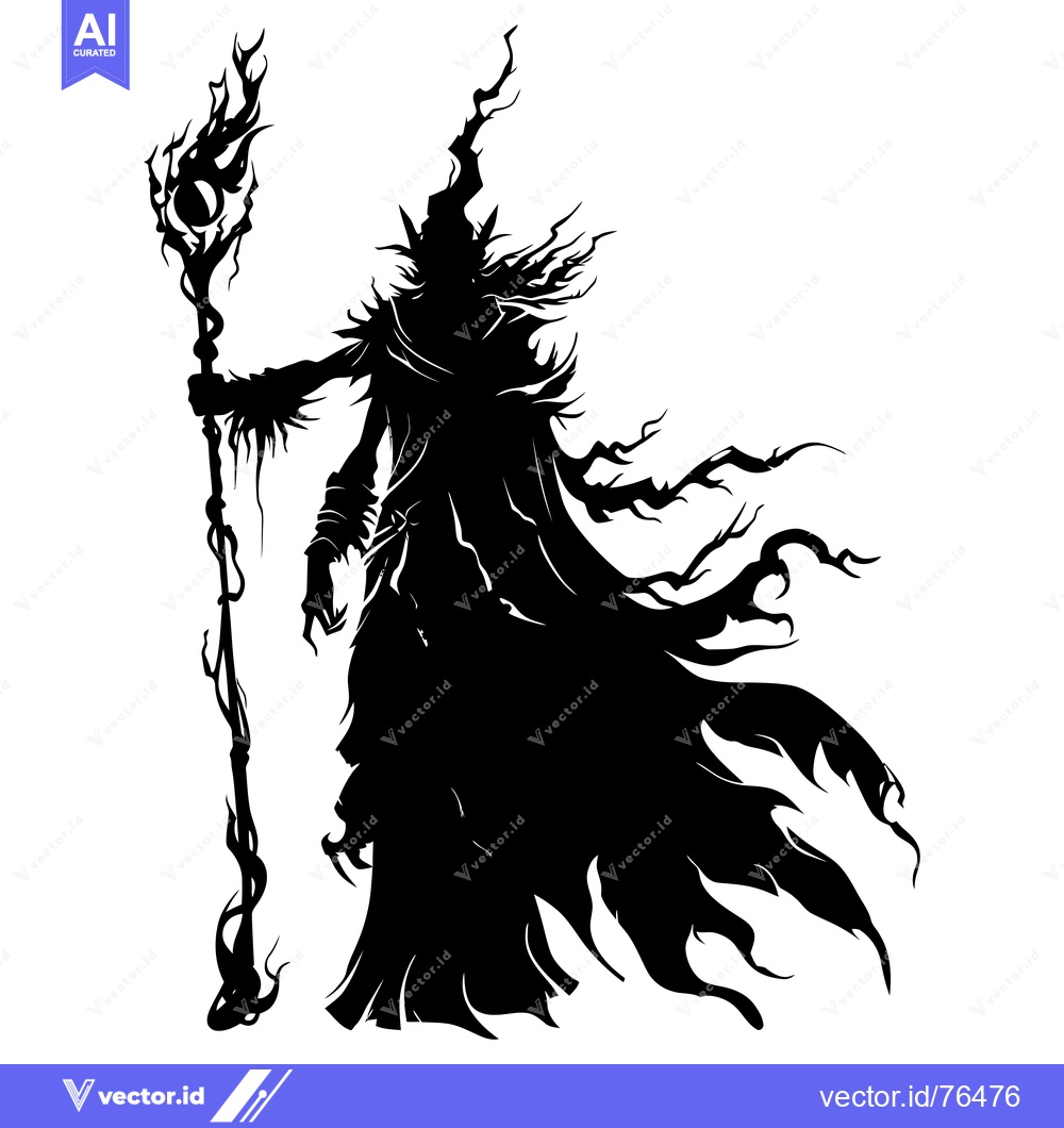 Premium Vector dari Silhouette of a Dark Figure Holding a Twisted Staff