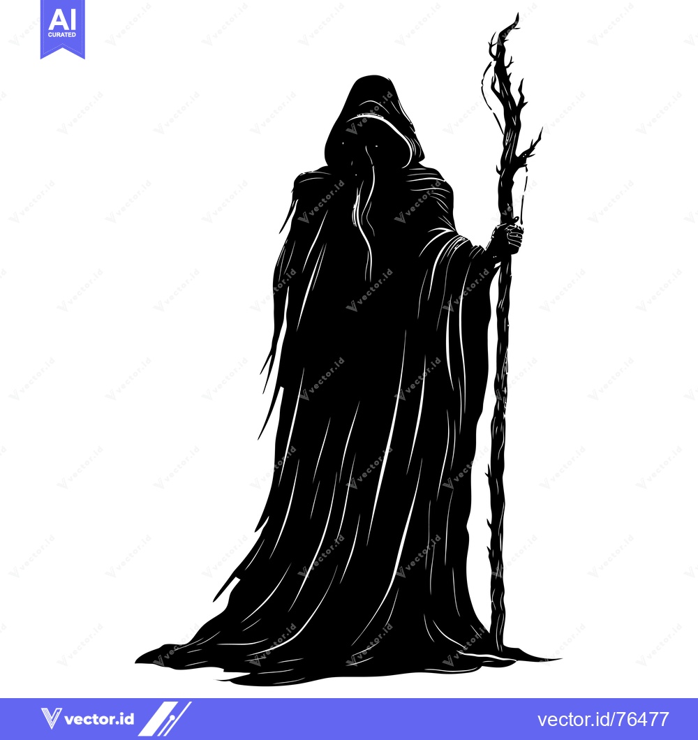 Premium Vector dari Silhouette of a cloaked figure holding a gnarled staff