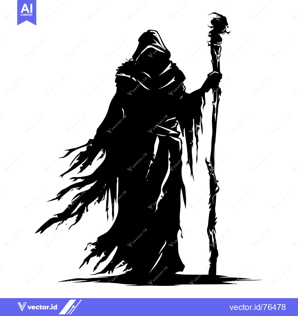 Premium Vector of Silhouette of a hooded figure holding a staff