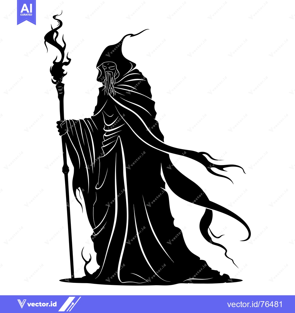 Premium Vector of Silhouette of a cloaked figure holding a flaming staff
