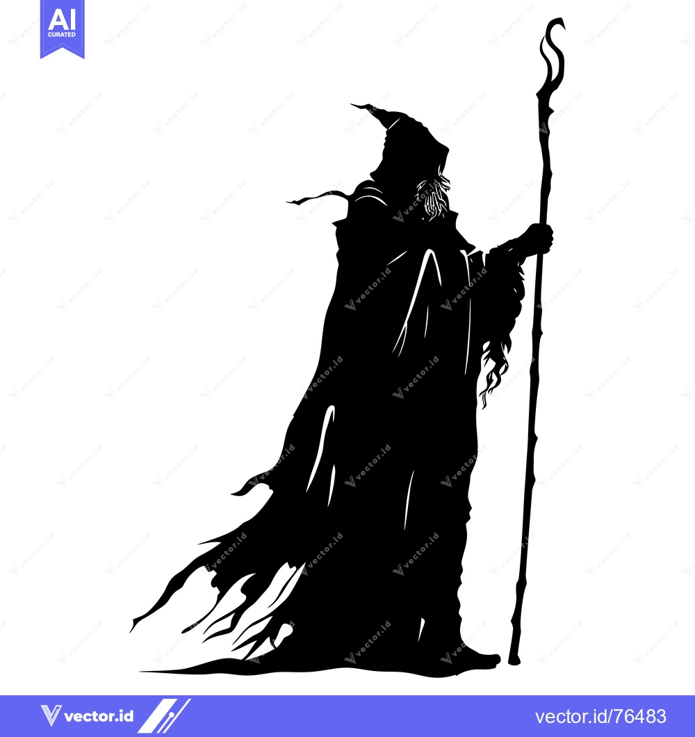 Premium Vector of Silhouette of a hooded figure holding a staff