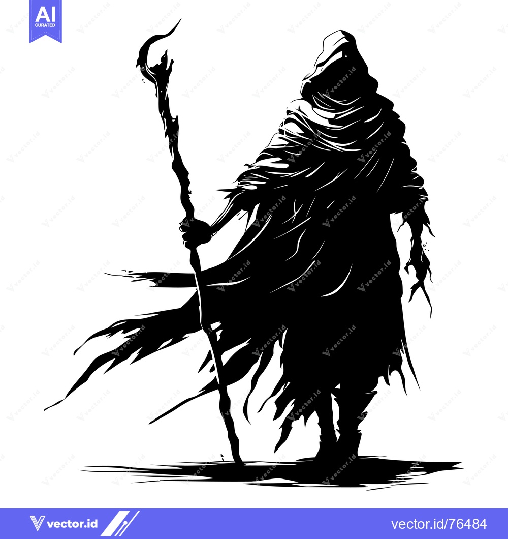 Premium Vector of Silhouette of a Hooded Figure Holding a Staff