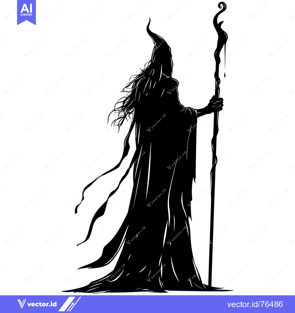 Premium Vector of Silhouette of a Witch Holding a Staff with a Droplet at the Top
