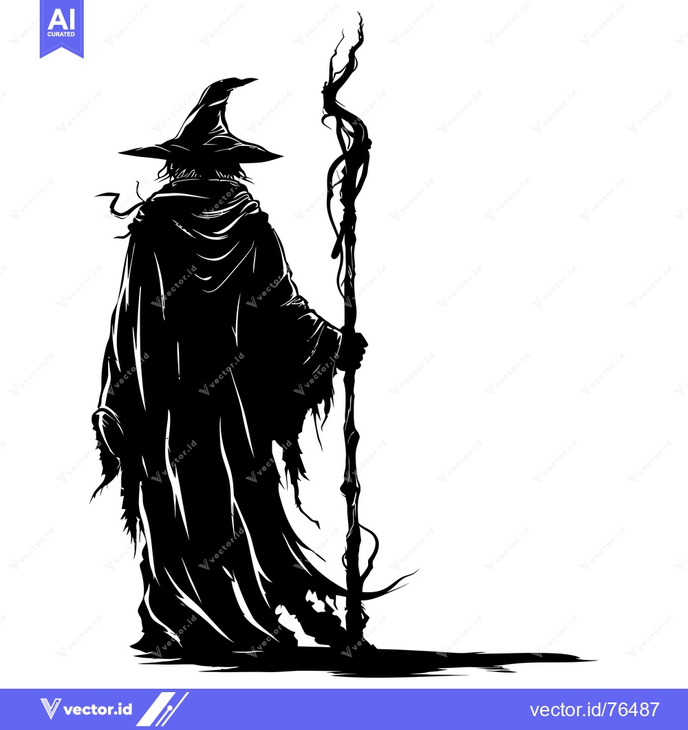 Premium Vector dari Silhouette of a Wizard Holding a Twisted Staff