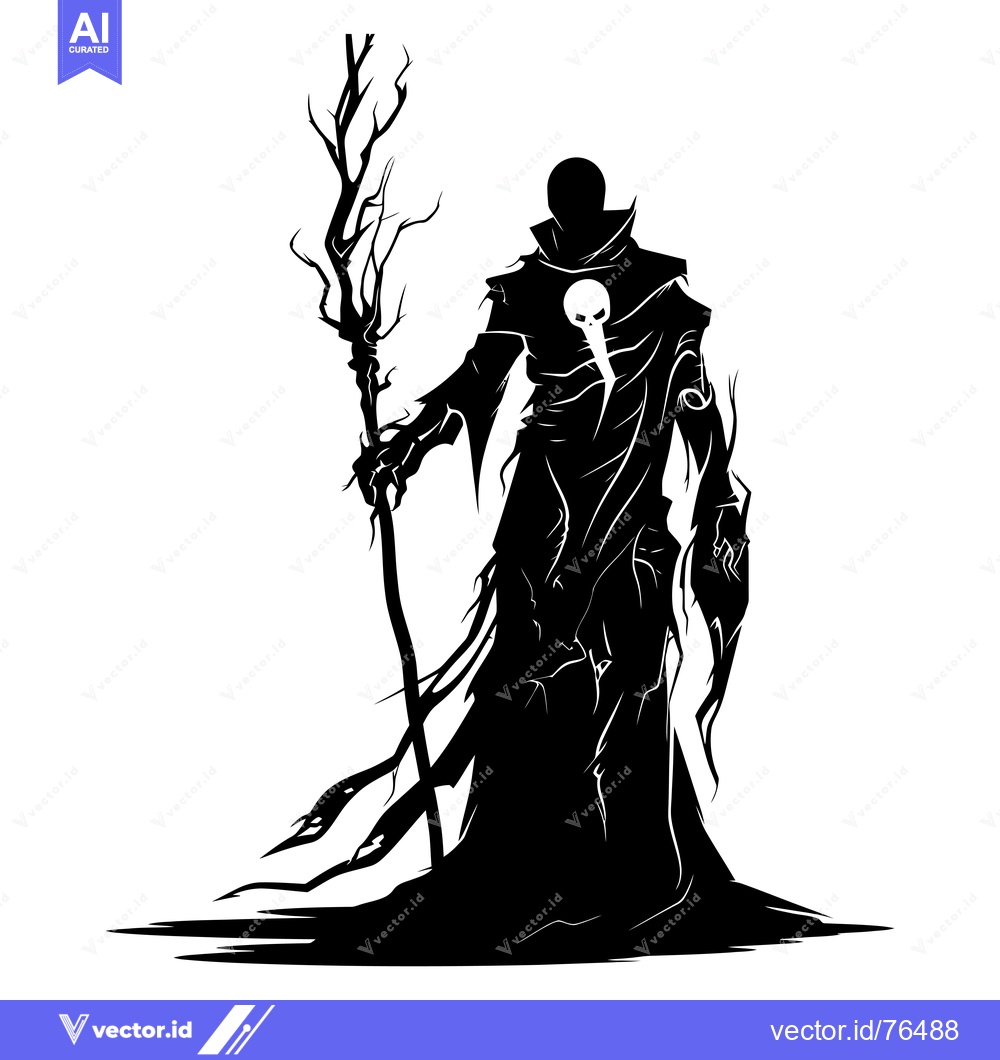 Premium Vector dari Silhouette of a Dark Figure with a Skull on a Robe and Holding a Twist