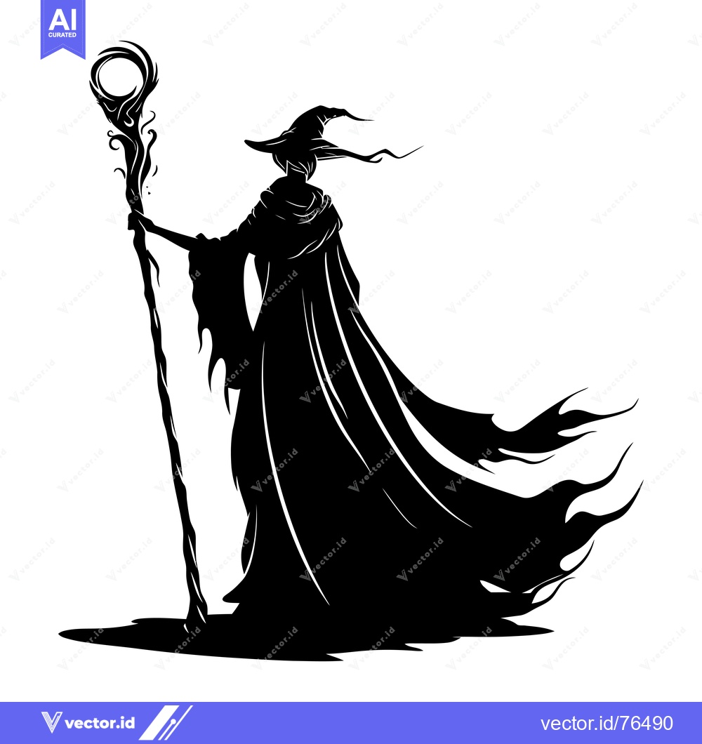 Premium Vector dari Silhouette of a Witch Holding a Magical Staff