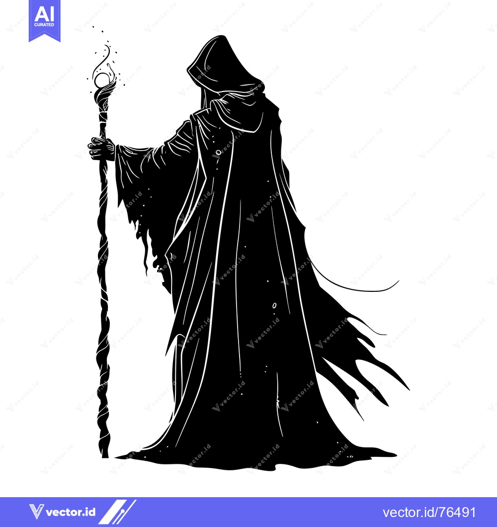 Premium Vector of Silhouette of a cloaked figure holding a glowing staff