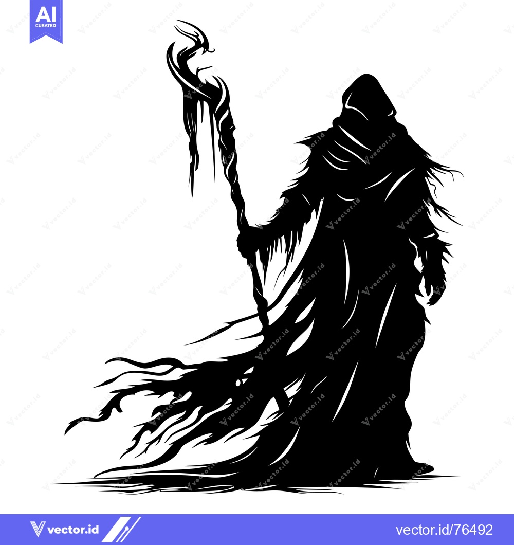 Premium Vector dari Silhouette of a Figure in a Hooded Robe Holding a Staff