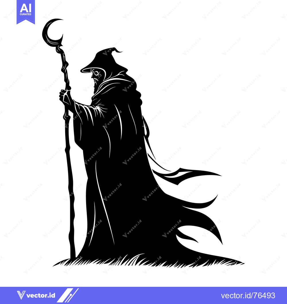 Premium Vector of Silhouette of a Wizard Holding a Crescent Moon Staff