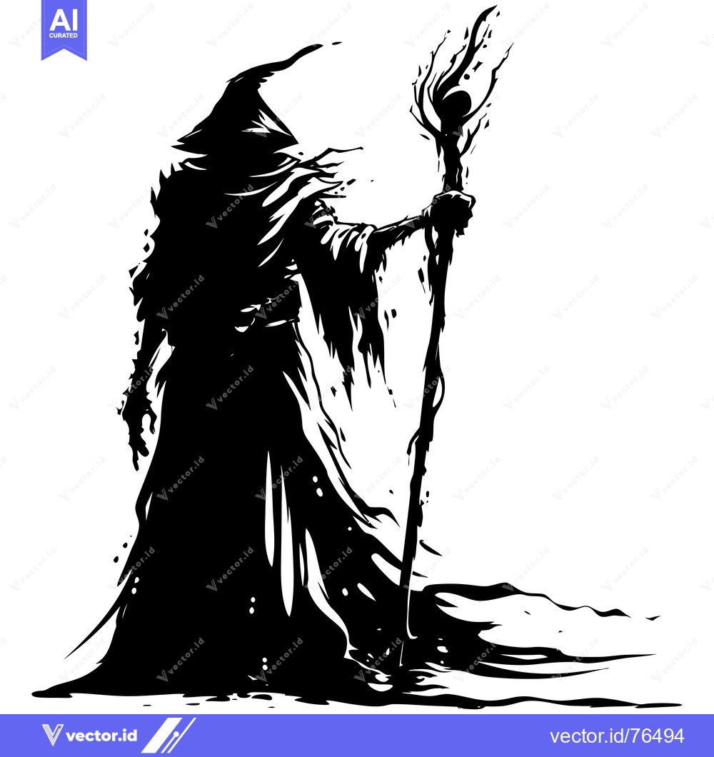 Premium Vector of A Silhouetted Figure in a Long Robe Holding a Staff