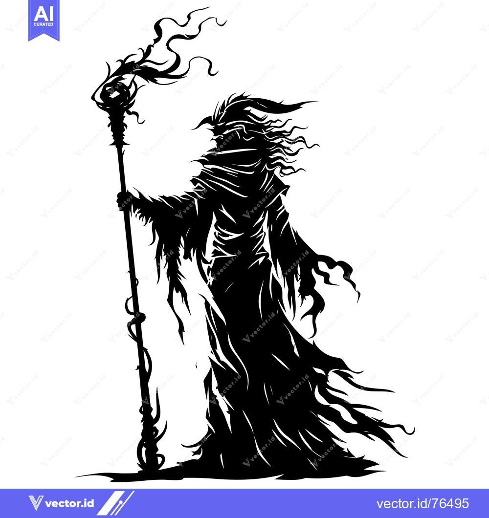 Premium Vector dari Silhouette of a Dark Figure Holding a Staff with a Twisted, Vine-Like
