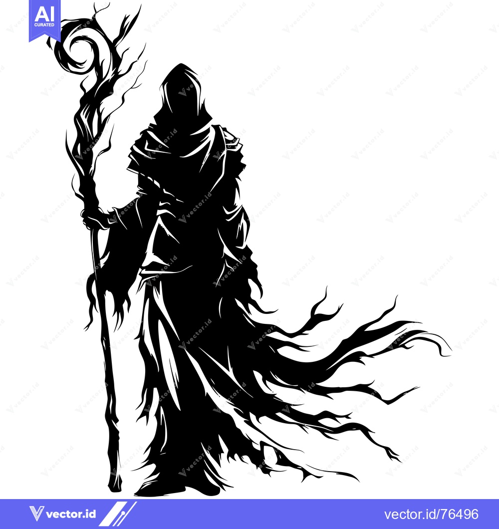 Premium Vector of Silhouette of a robed figure with a gnarled staff