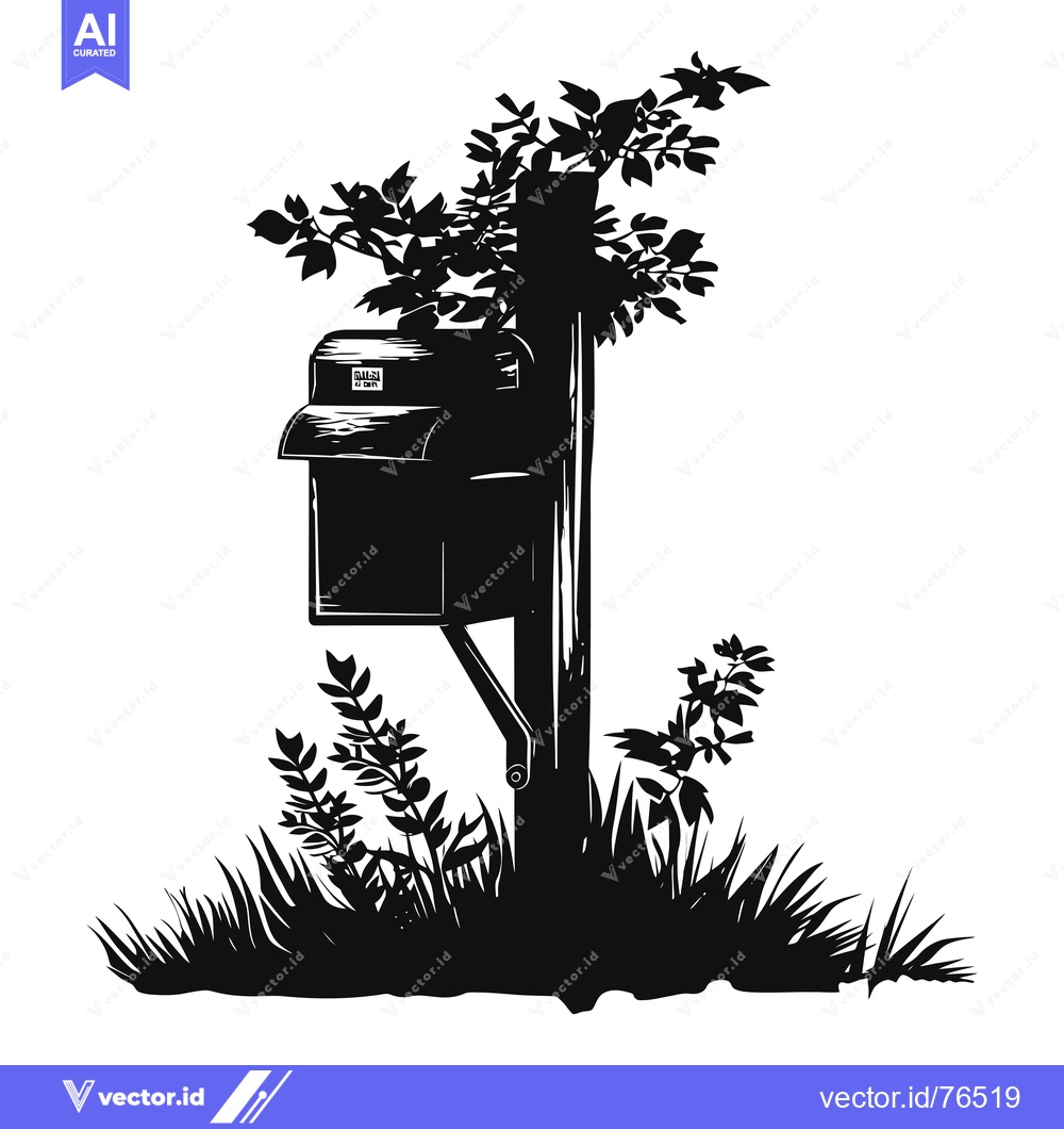 Premium Vector of A Black and White Silhouette of a Mailbox with Surrounding Vegetation