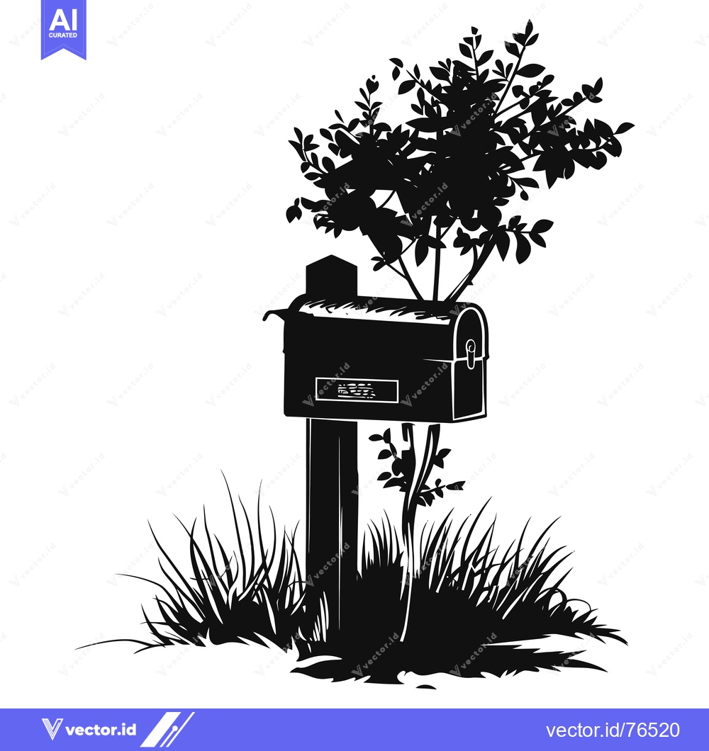 Premium Vector of Black and White Silhouette of a Mailbox with a Bush and Grass