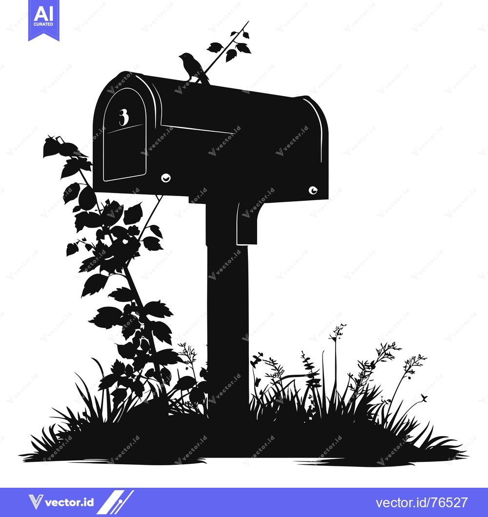 Premium Vector dari Black and White Silhouette of a Mailbox with a Bird and Surrounding Ve