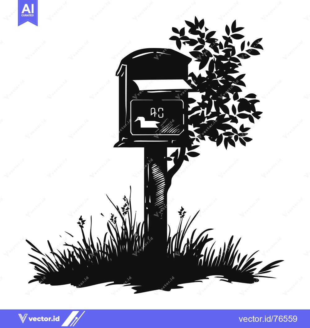 Premium Vector dari Black and White Illustration of a Mailbox Surrounded by Grass and a Tr