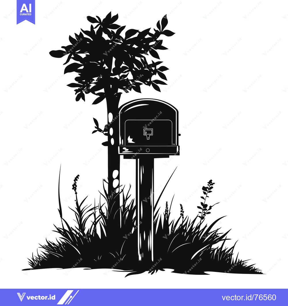 Premium Vector dari Black and White Silhouette of a Mailbox with a Tree and Grass