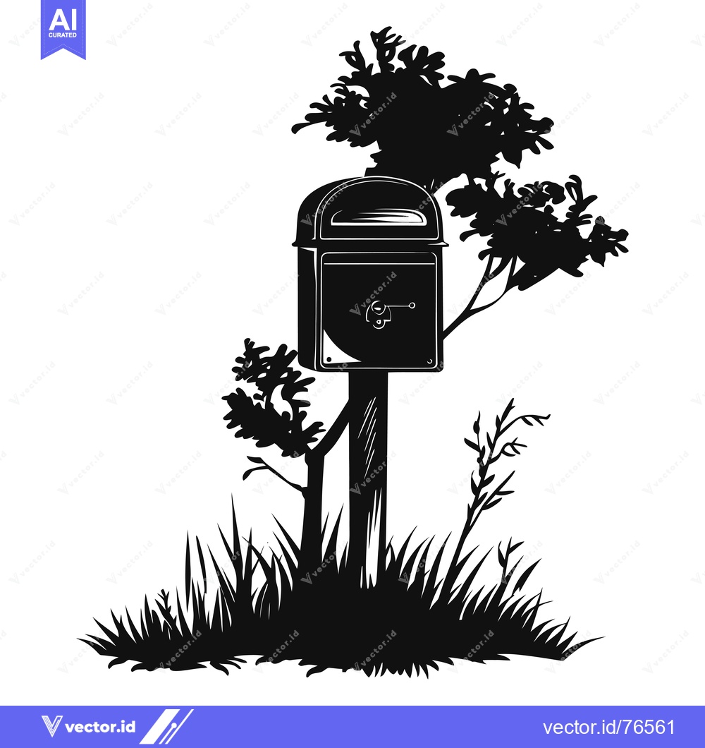 Premium Vector dari Black and White Silhouette of a Mailbox in Grass with a Tree