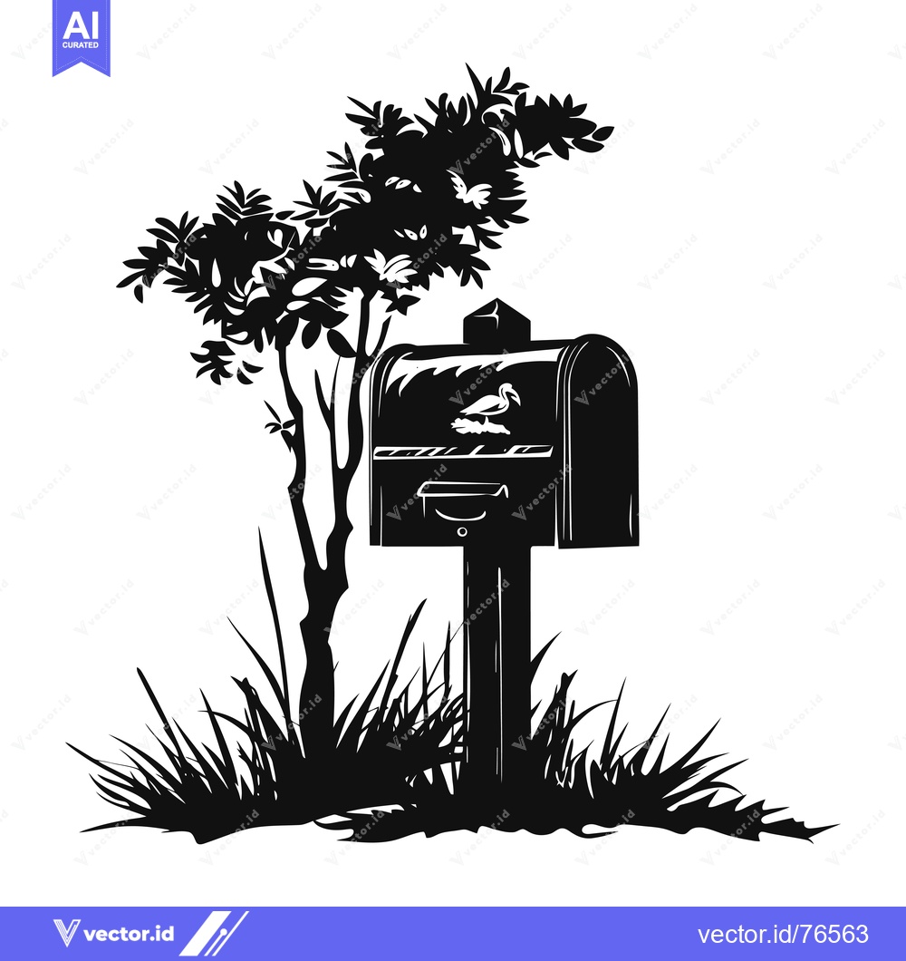 Premium Vector of Black and White Silhouette of a Mailbox with a Bird, Surrounded by Gra
