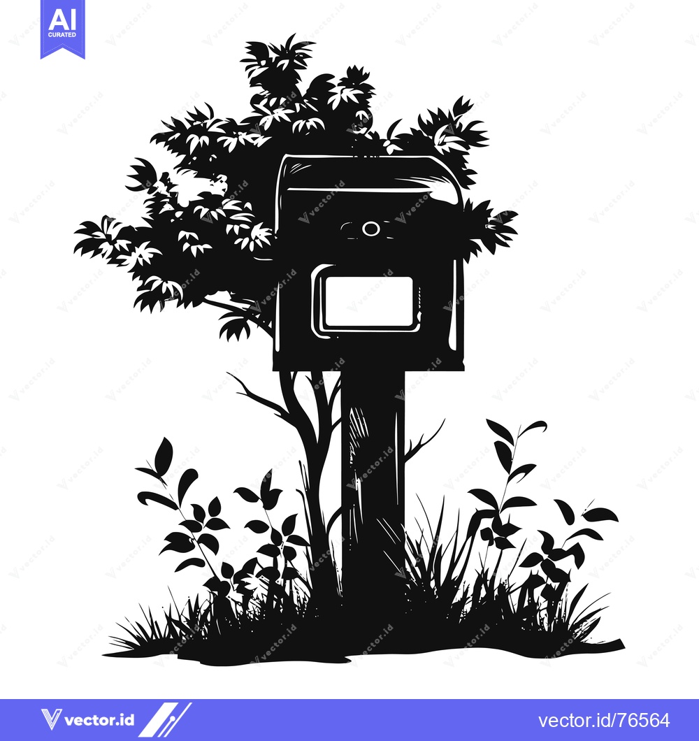 Premium Vector dari Black and White Silhouette of a Mailbox Surrounded by Foliage