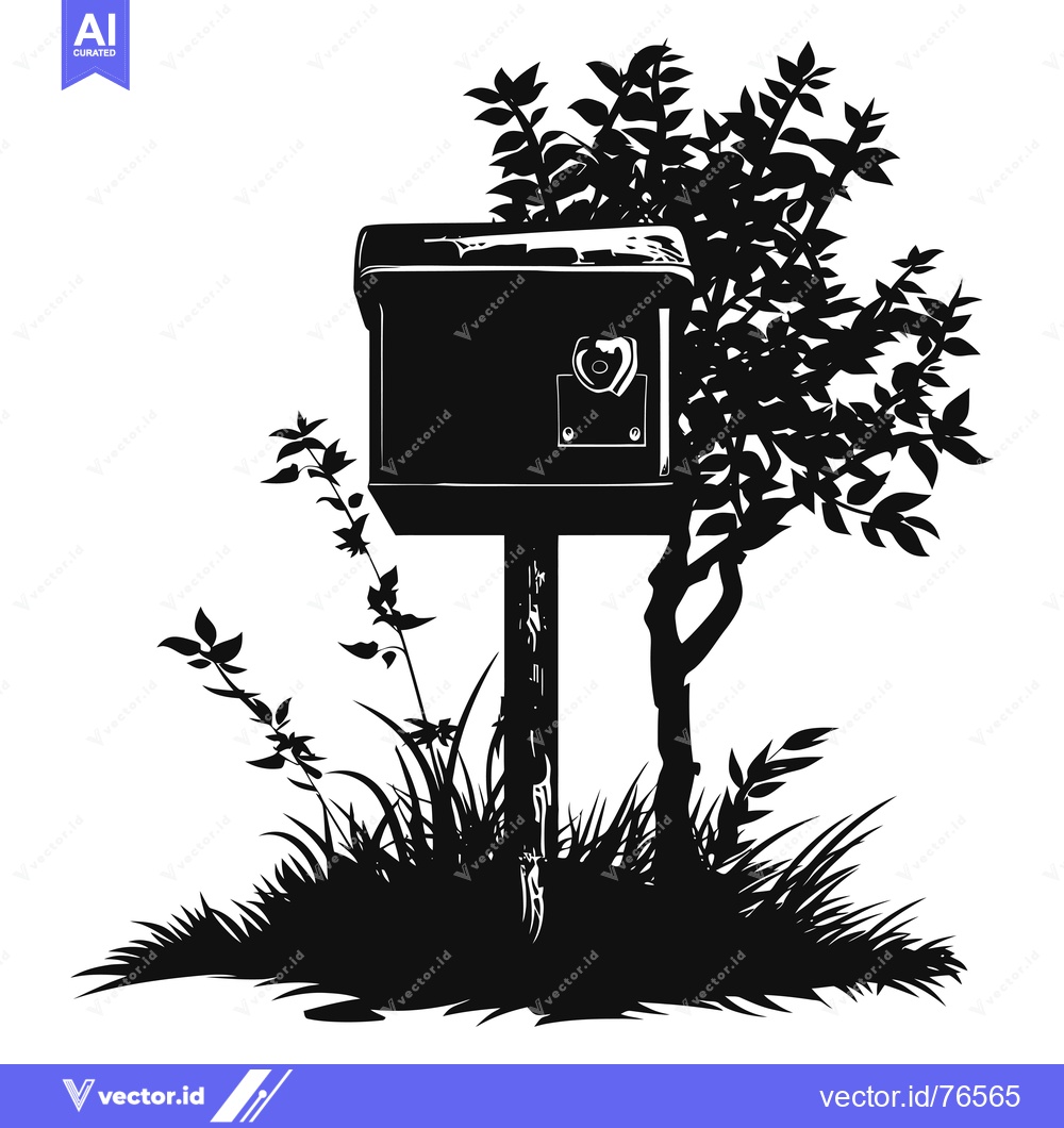 Premium Vector dari A Black and White Silhouette of a Mailbox Surrounded by Plants