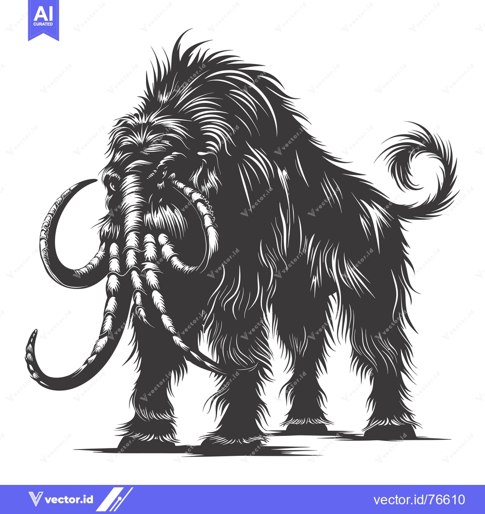 Premium Vector dari A Black and White Illustration of a Woolly Mammoth with Curved Tusks