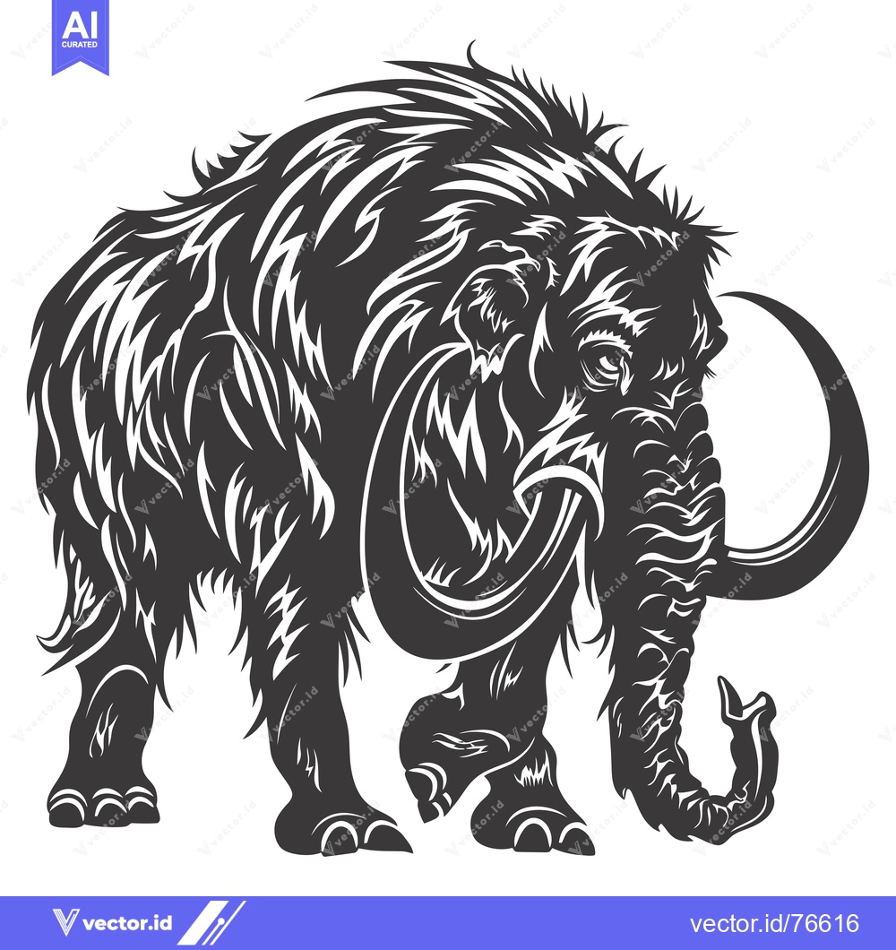 Premium Vector dari Black and White Illustration of a Woolly Mammoth with Curved Tusk
