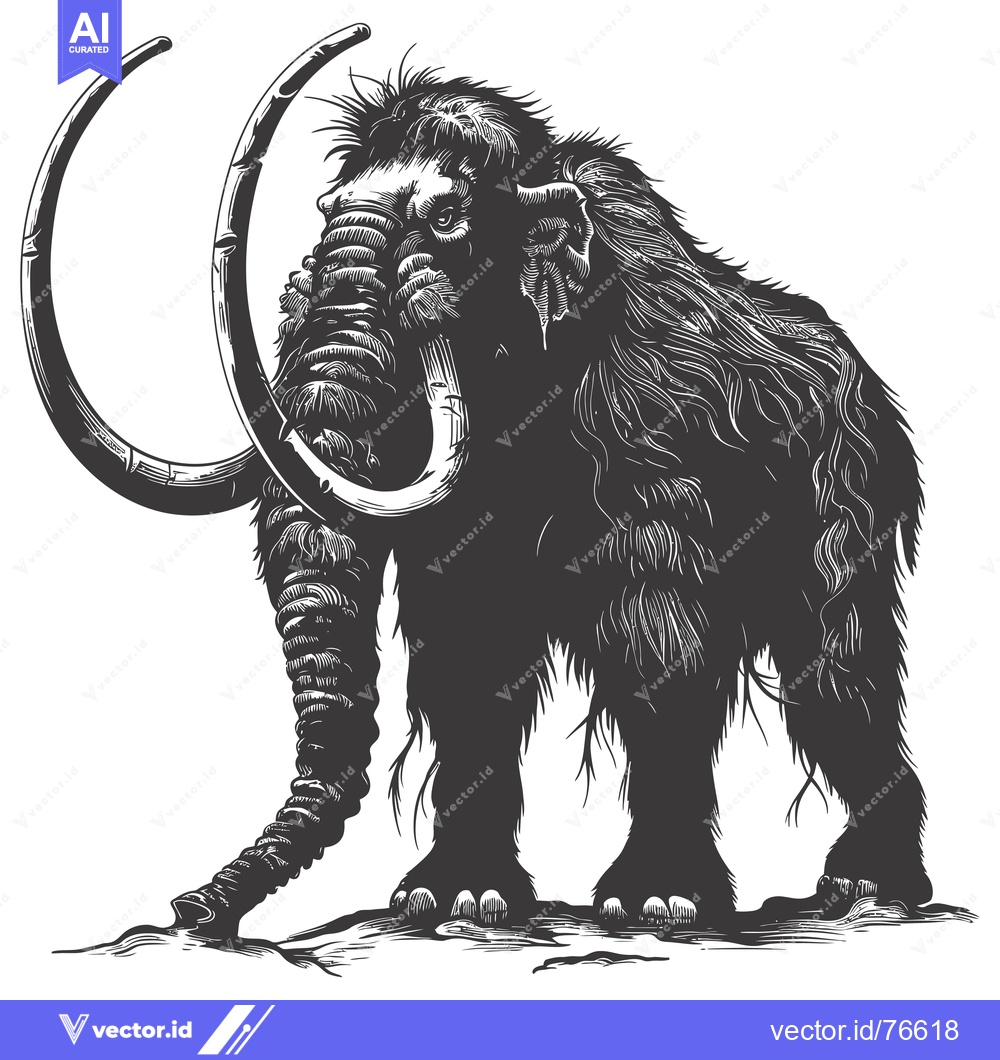Premium Vector dari A Detailed Line Drawing of a Woolly Mammoth with Curved Tusks