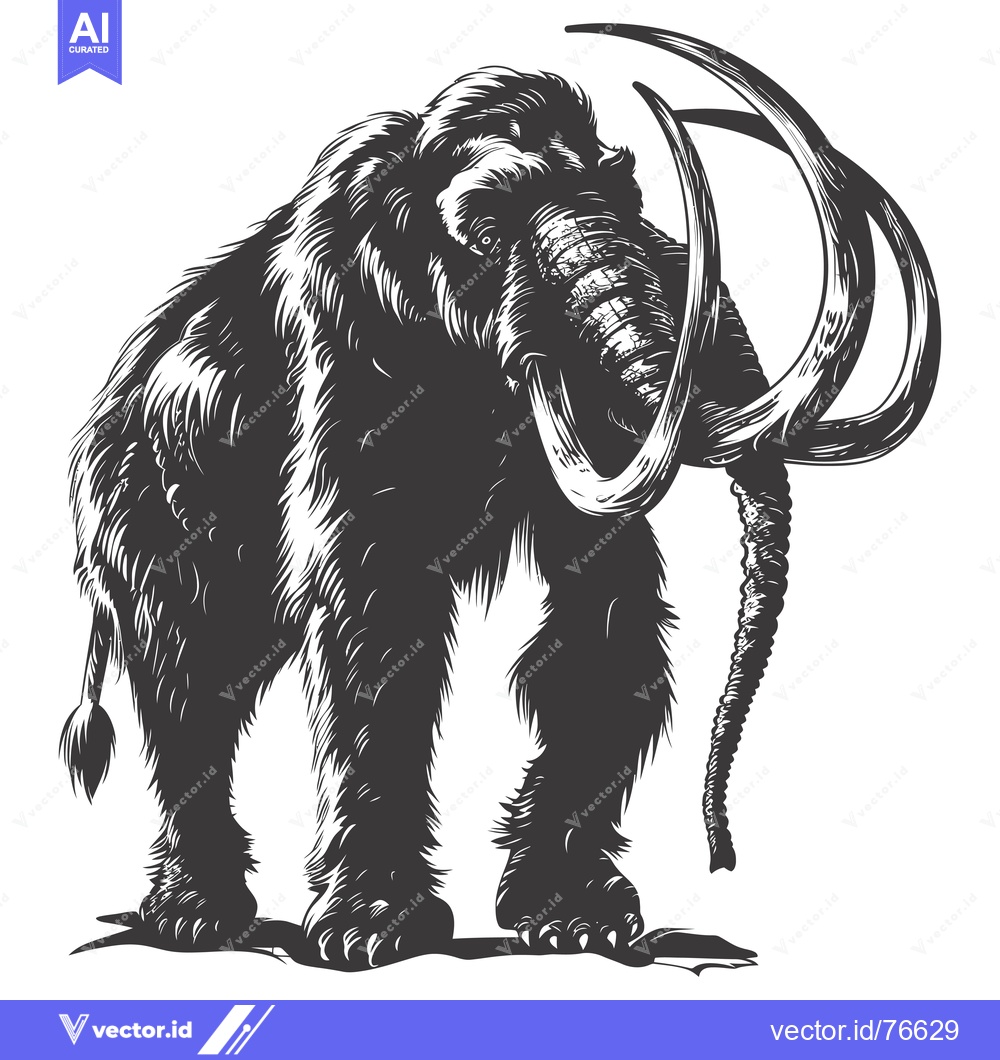 Premium Vector dari A Woolly Mammoth with Large Curved Tusks in a Black and White Illustra